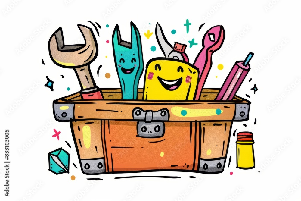 Cartoon cute doodles of a clay toolbox with tools popping out and a ...