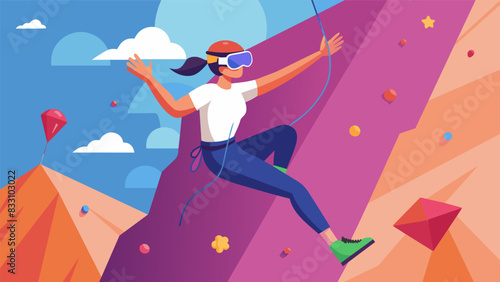 A person wearing a VR headset and scaling a virtual rock climbing wall feeling the sensation of height and adrenaline rush in a safe environment.. Vector illustration