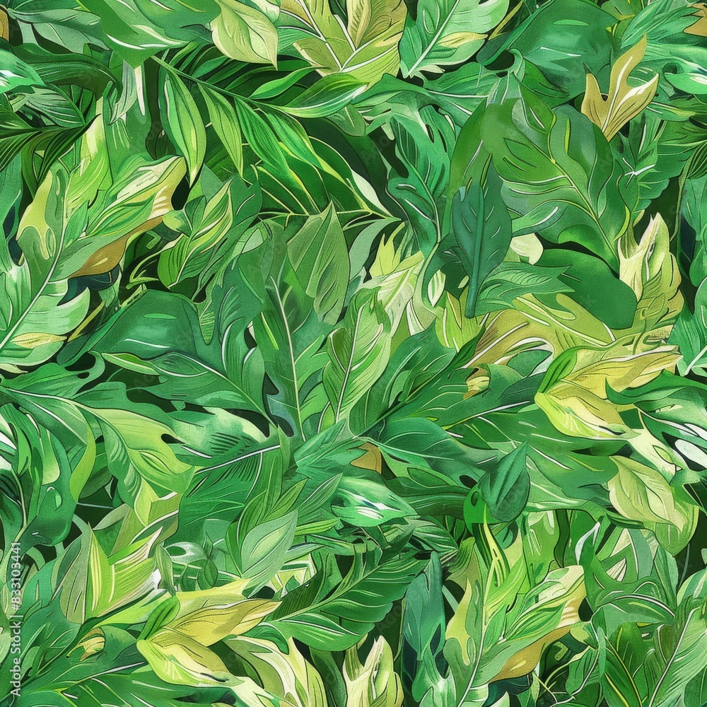 seamless pattern of tropical leaves in lush shades of green seamless pattern of tropical leaves in lush shades of green