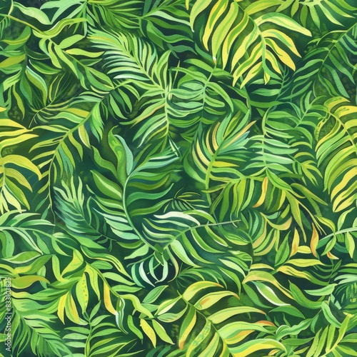 seamless pattern of tropical leaves in lush shades of green
