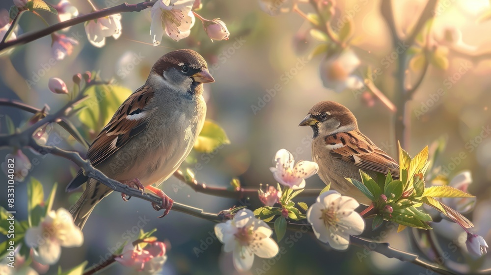 Sparrow Perched on Blossoming Branch in Spring Sparrow Perched on Blossoming Branch in Spring