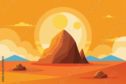 Flat Design Illustration of Rock Stone in Arabian Desert with Sun on Sunny Day vector