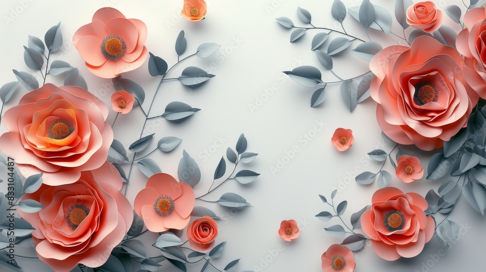 Delicate peach paper flowers and green leaves arranged symmetrically on a white background. Delicate peach paper flowers and green leaves arranged symmetrically on a white background.
