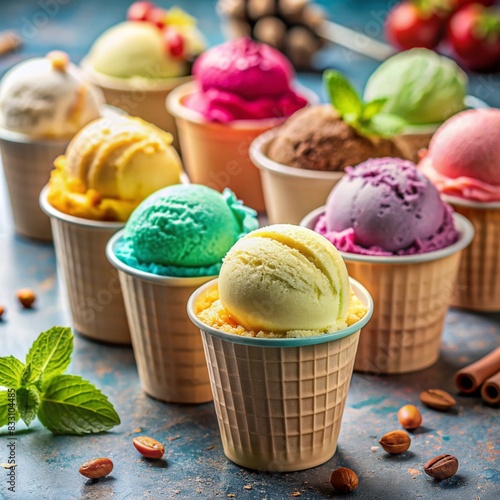 Various colorful ice cream in a paper cup. ice cream in a cup. cup icream and put on the table  photo