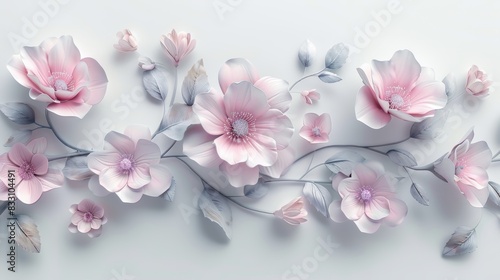 Delicate pink and white paper flowers arranged in a row on a white background.