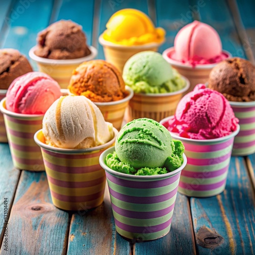 Various colorful ice cream in a paper cup. ice cream in a cup. cup icream and put on the table 