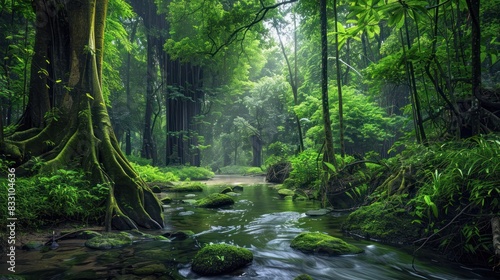 A charming forest surrounded by lush  verdant trees  and a pond