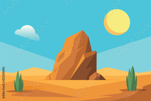 Flat Design Illustration of Rock Stone in Arabian Desert with Sun on Sunny Day vector