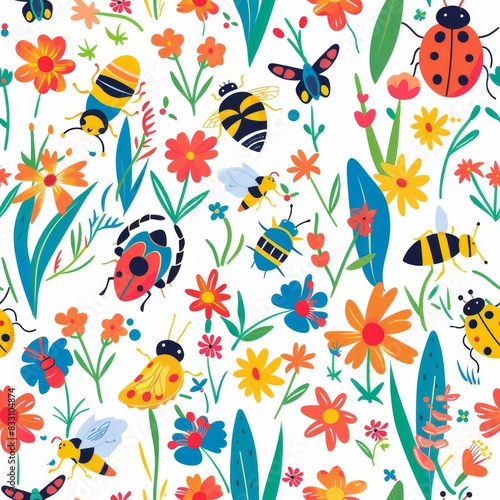 seamless pattern of friendly bugs with colorful flowers