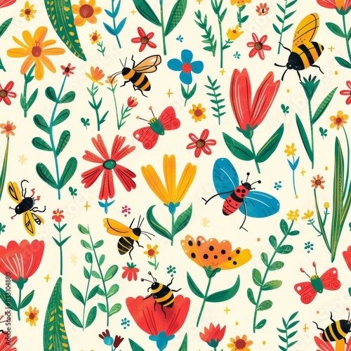seamless pattern of friendly bugs with colorful flowers