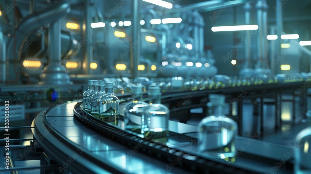 an advanced lab where medicine bottles and vials on belt run along in a production line