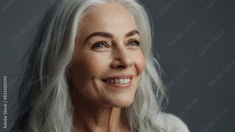 Portrait of a Beautiful face and smiling mature woman with shining white hair and skin on grey studio background. Beautiful woman with confidence, happiness, and self-care concept