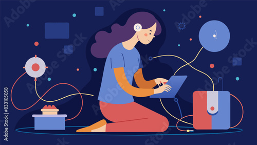 In a world filled with technology and distractions a woman unplugs and turns to embroidery as a way to disconnect from the constant noise and. Vector illustration
