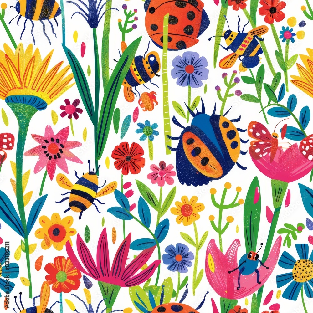 seamless pattern of friendly bugs with colorful flowers seamless pattern of friendly bugs with colorful flowers