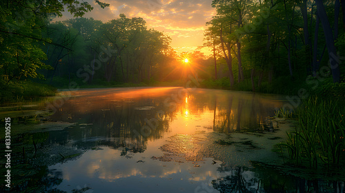 An ultra HD view of a nature spring at sunrise, the golden light reflecting off the water