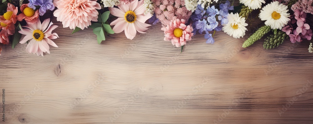 Pastel Floral Border on Wood, A delicate and charming floral arrangement featuring pastel-colored flowers and greenery, beautifully framing the top edge of a light wooden background.