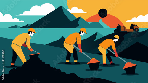 Amidst the clanking of machines and the sound of rushing water workers diligently sift through mounds of coal separating out any contaminants.. Vector illustration
