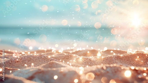 Dreamy beach atmosphere with sun-kissed sands under subtle bokeh lights in a pastel sky, photo