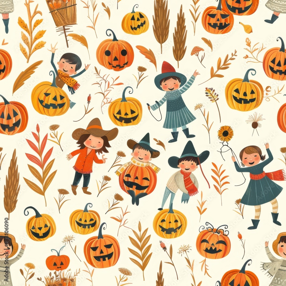 seamless pattern of vibrant pumpkin patch with happy children playing seamless pattern of vibrant pumpkin patch with happy children playing