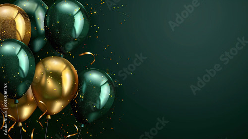 Deep green and gold balloons with deep green background and confetti wallpaper for birthday card, greeting card, celebration, anniversary.