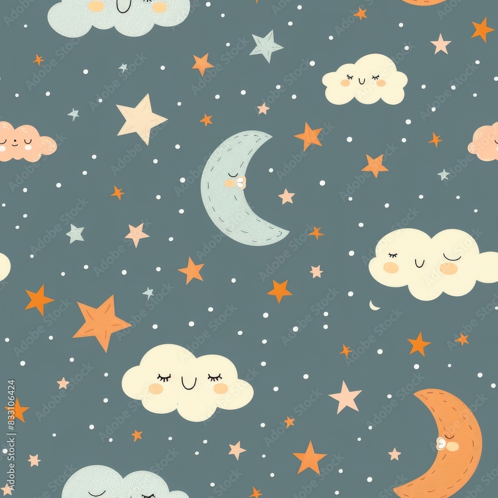 seamless night sky pattern with whimsical stars, clouds, and crescent moon seamless night sky pattern with whimsical stars, clouds, and crescent moon