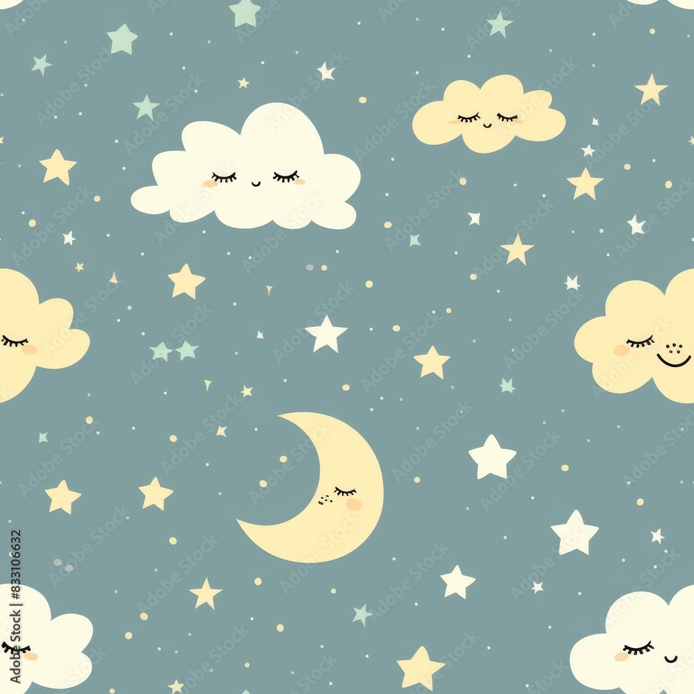 seamless night sky pattern with whimsical stars, clouds, and crescent moon seamless night sky pattern with whimsical stars, clouds, and crescent moon