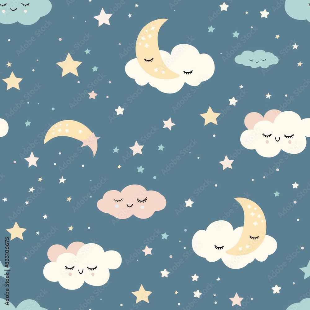 seamless night sky pattern with whimsical stars, clouds, and crescent moon seamless night sky pattern with whimsical stars, clouds, and crescent moon