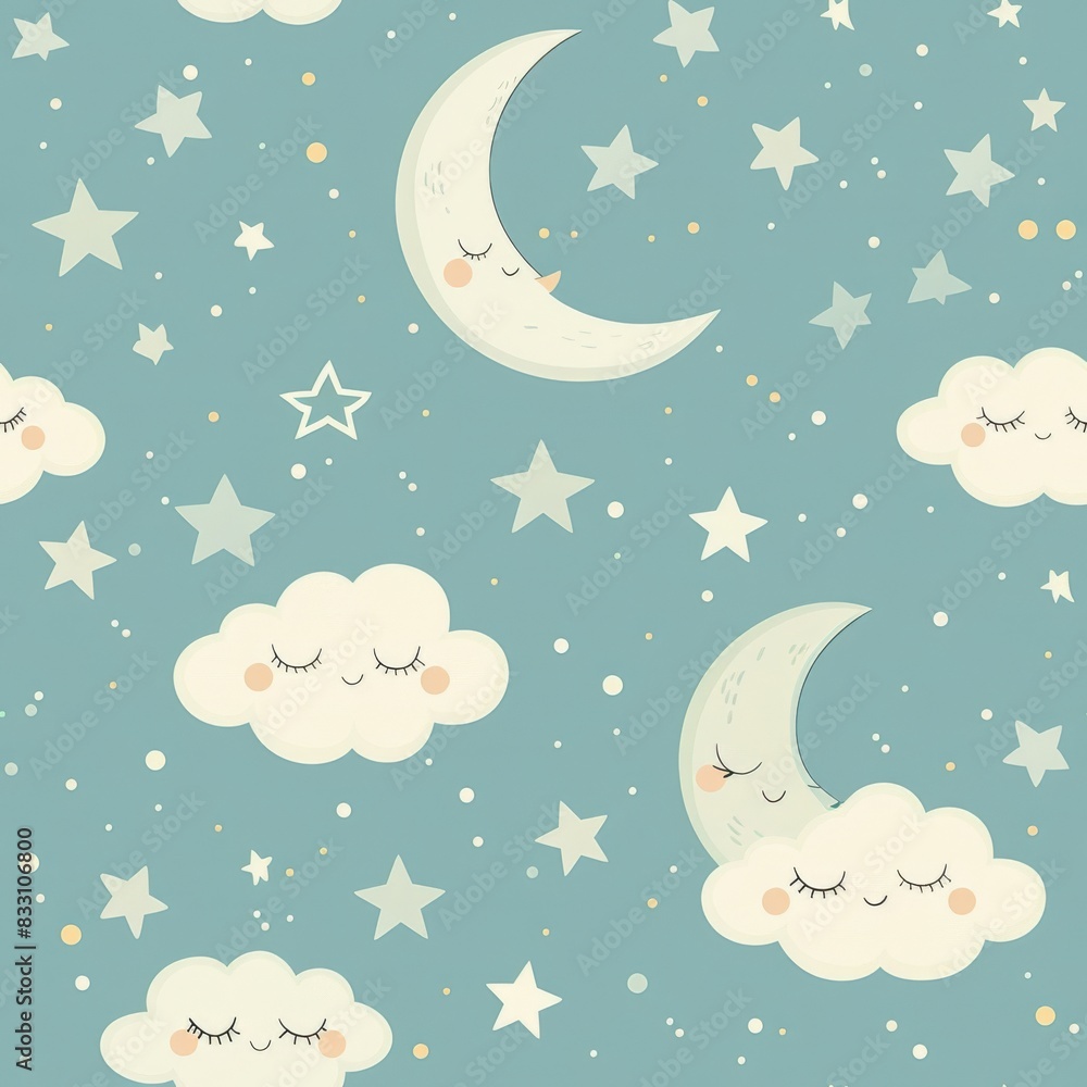 Fototapeta premium seamless night sky pattern with whimsical stars, clouds, and crescent moon