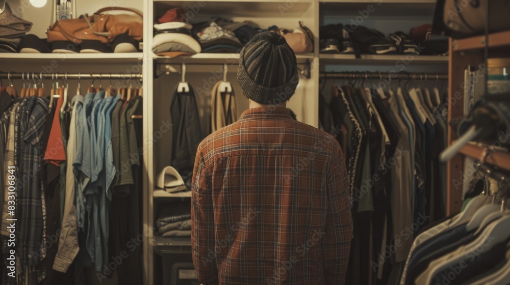 A person standing in front of their closet, deciding what to wear for the day