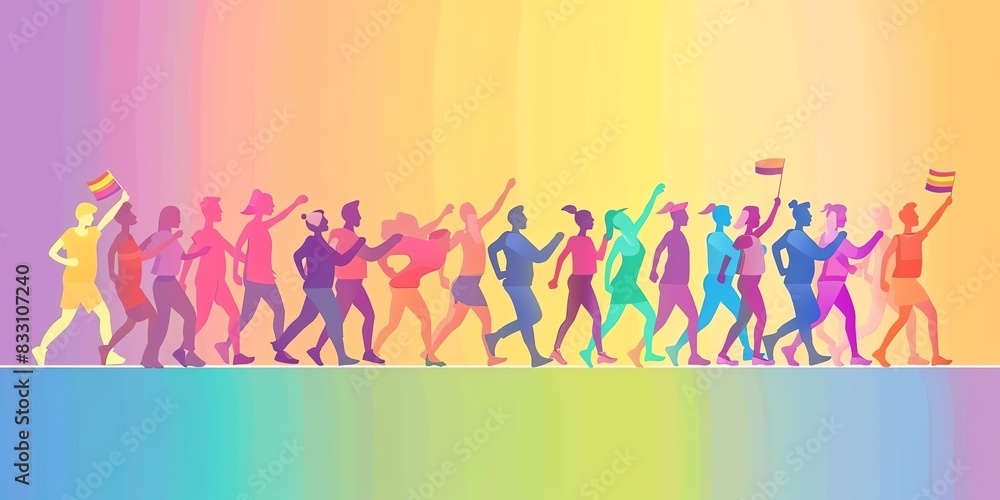 A group of people are walking in a rainbow line. The people are holding rainbow flags and are wearing rainbow colors. Concept of unity and diversity, as people of different ages A group of people are walking in a rainbow line. The people are holding rainbow flags and are wearing rainbow colors. Concept of unity and diversity, as people of different ages