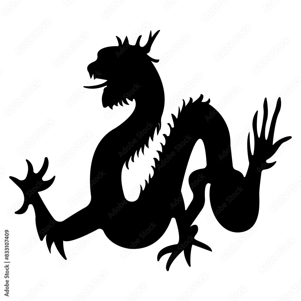 Chinese Dragon Tattoo Silhouette on White Background. Isolated Black Silhouette.