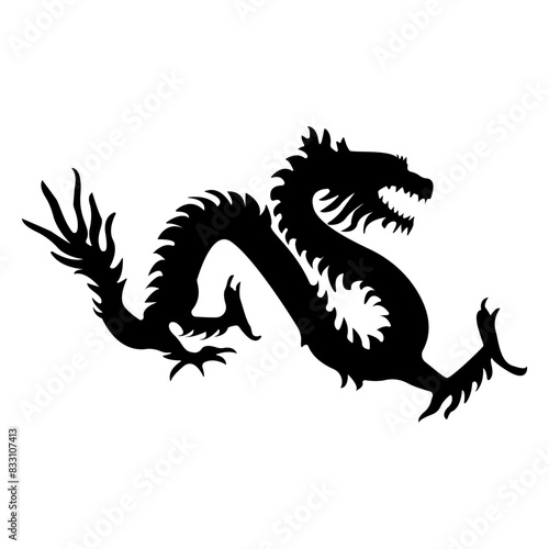 Chinese Dragon Tattoo Silhouette on White Background. Isolated Black Silhouette.
