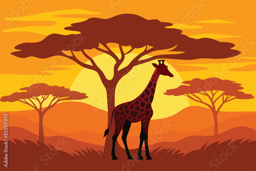 Giraffe Tree Animal Savanna Landscape Africa Wildlife vector Illustration