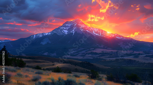 An ultra HD view of a nature mountain at sunrise, the sky painted with vibrant colors and the peak glowing in the first light