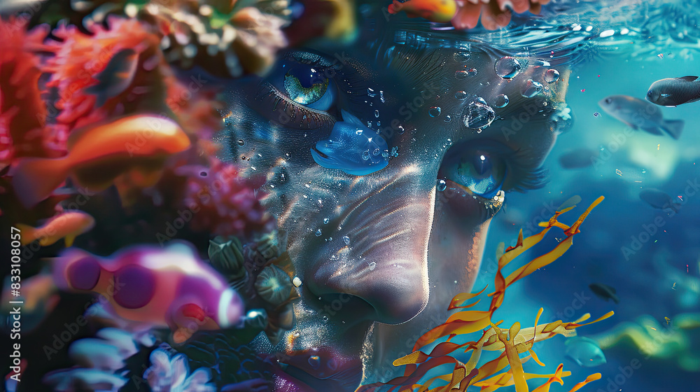 Mermaid's sparkling eyes and scales, partially submerged with a vivid coral reef backdrop. Mermaid's sparkling eyes and scales, partially submerged with a vivid coral reef backdrop.