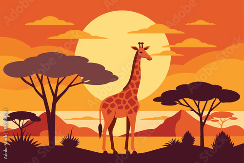 Giraffe Tree Animal Savanna Landscape Africa Wildlife vector Illustration