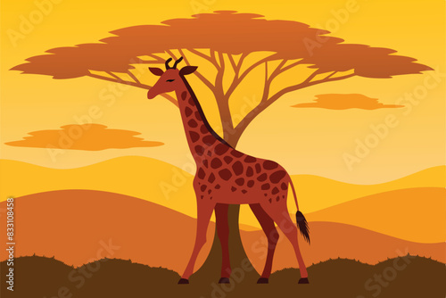 Giraffe Tree Animal Savanna Landscape Africa Wildlife vector Illustration