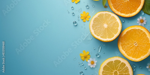 Sliced citrus fruits including oranges and lemons with small yellow flowers and water droplets on a bright blue background
