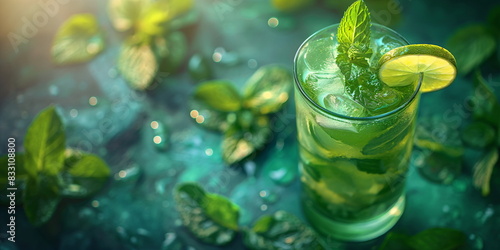 Refreshing mojito cocktail, featuring fresh mint leaves and lime slices, served in a clear glass with visible ice cubes