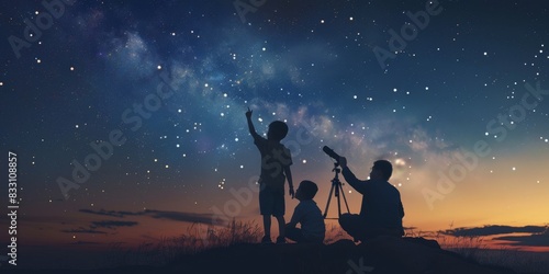 The father and his two children are stargazing. photo