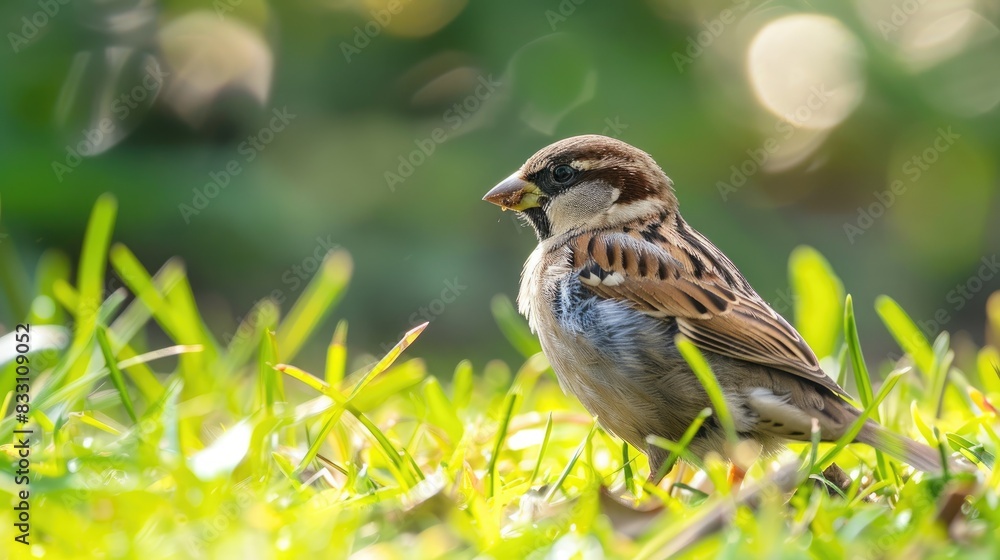 A young sparrow looks for food in the grassy field A young sparrow looks for food in the grassy field