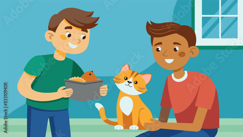A teenage boy volunteering at a shelter excitedly telling his parents about the new kitten he wants to add to their family.. Vector illustration