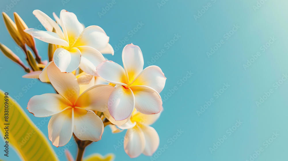 Naklejka premium Beautiful close up of plumeria flower with clear blue sky under the sunlight for background and wallpaper