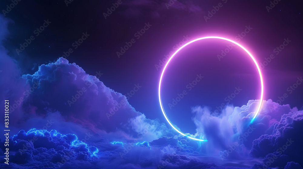 Dark sky lit vividly by an indigo neon ring, abstract clouds featured, 3D panoramic view, Dark sky lit vividly by an indigo neon ring, abstract clouds featured, 3D panoramic view,