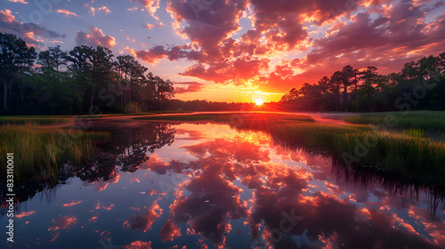 An ultra HD view of a nature wetland at sunrise  the sky and water glowing with vibrant colors