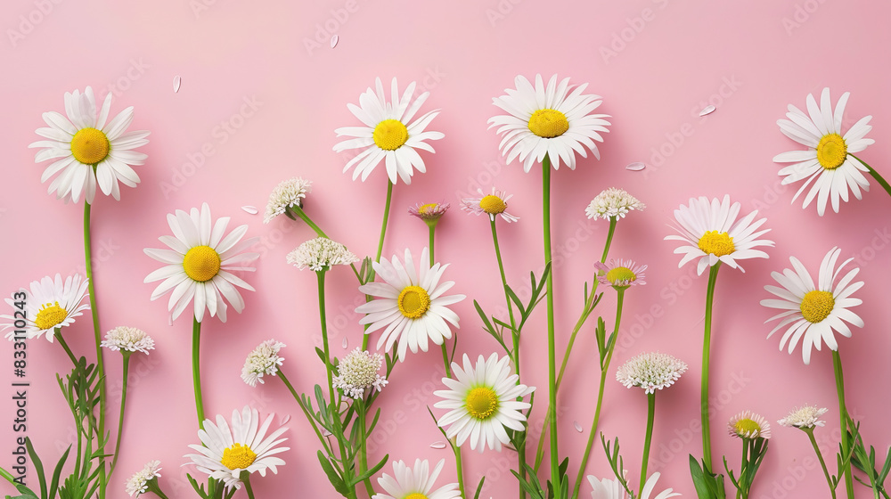 Obraz premium Daisy flowers with plain and clean pink pastel background for wallpaper or lock screen. vector illustration.