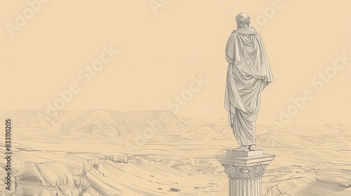 St. Luke the Stylite Standing on a Pillar, Syrian Desert, Biblical Illustration, Beige Background, Copyspace photo