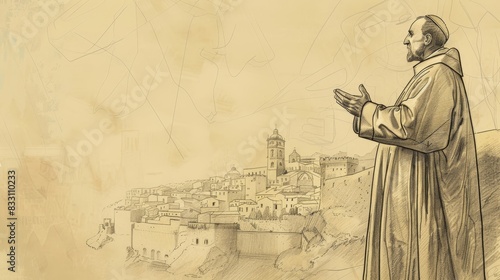 St. Vincent Ferrer Preaching in Medieval City, Biblical Illustration, Beige Background, Copyspace