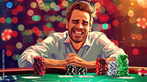 A Excited Man Victorious in Poker Game at Casino