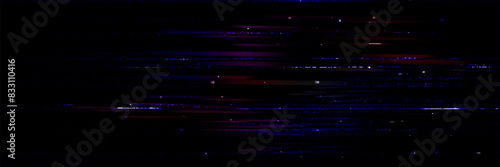 Tv glitch screen bg. Digital noise effect vhs background. Static pixel error video overlay. Abstract tape rewind hologram with destruction grain and scratch line. Purple, blue and red graphic pattern